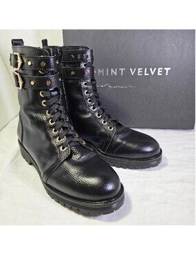 Mint Velvet Lydia Black Leather Lace Up Biker Boots w Buckles & Zipper EU40 US9